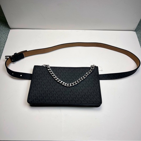 MICHAEL Michael Kors Handbags - MICHAEL KORS Belt Bag with Silver Chain Detail, Size Large , Black and Taupe